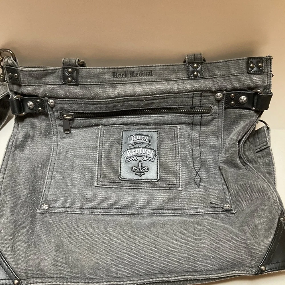 Rock Revival Grey Denim Canvas Messenger Tote Bag Crossbody 90’s Y2K Grunge